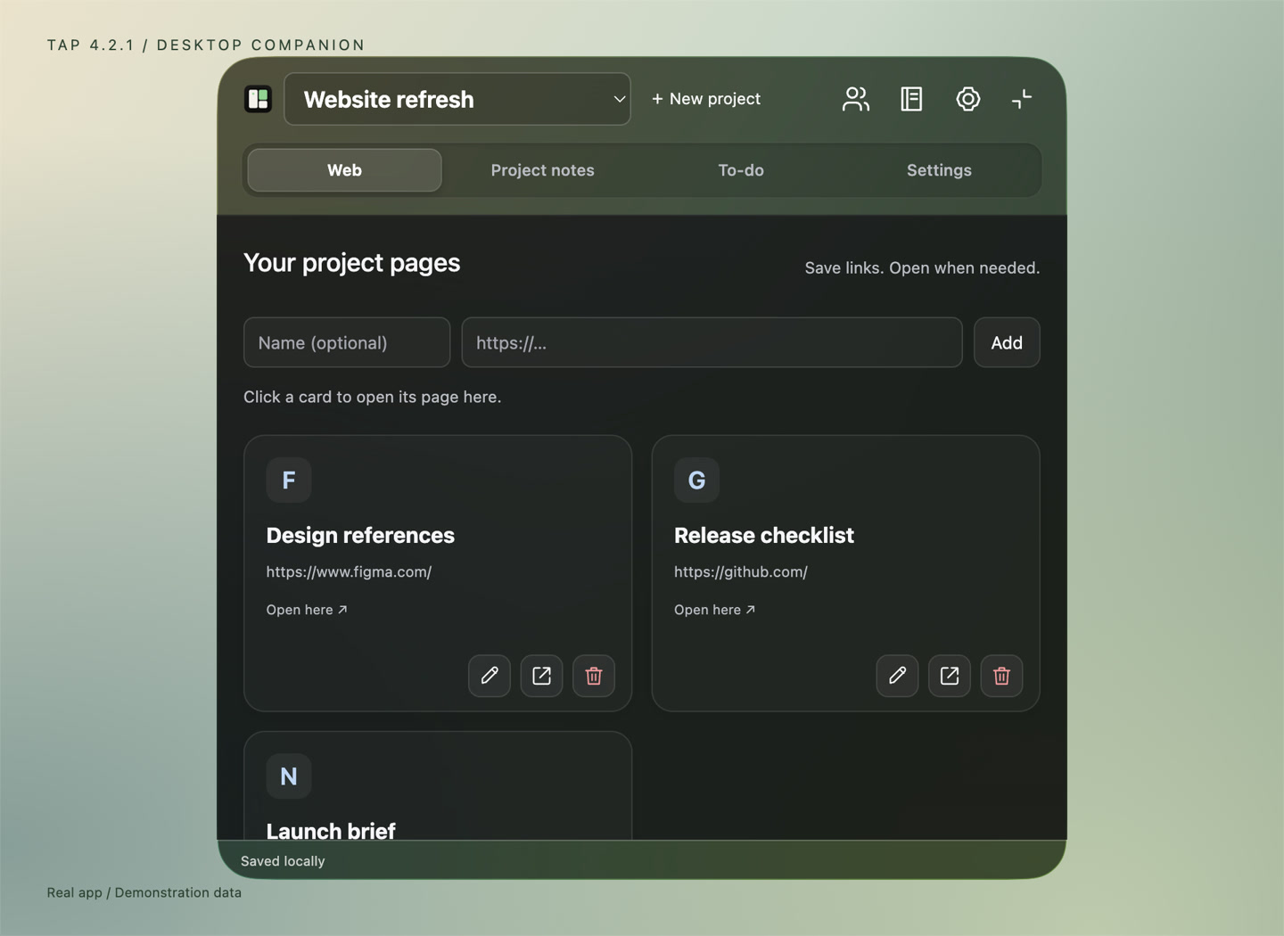 Tap 4.2.1 project workspace showing named web page cards in the dark glass window